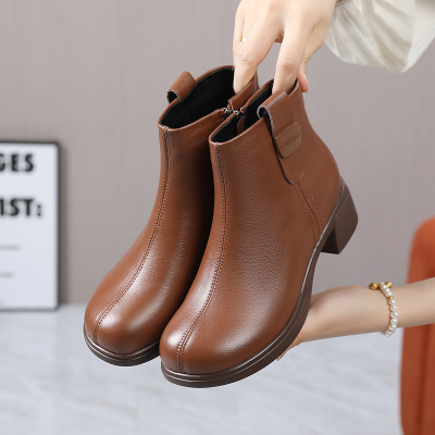 秋冬时尚简约真皮棉鞋加厚绒里软底真皮低跟百搭女式大码棉靴