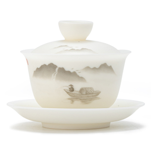 金镶玉 陈洪梅老师手绘 羊脂玉瓷三才盖碗 家用白瓷陶瓷功夫茶具礼盒装 山野行舟羊脂玉瓷手绘盖碗新