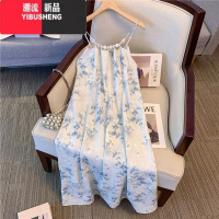 YIBUSHENG新中式国风挂脖碎花连衣裙2024季新款大码女装胖mm显瘦吊带裙子