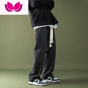 七斓高街牛仔裤男春季潮ins宽松休闲抽绳裤子港风复古直筒潮牌拖地裤