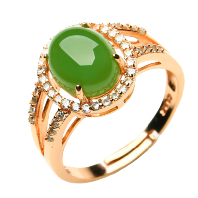 帛兰梓韵天然和田玉碧玉菠菜绿925银镀玫瑰金碧玉戒指时尚百搭女款玉石戒指送朋友碧玉活扣