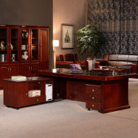 域赢办公家具老板桌总裁桌大班台办公桌油漆实木贴皮经理桌2.8米+6门书柜