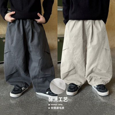 童酷男童冬季新款复古酵洗做旧宝宝长裤加绒加厚儿童工装裤潮