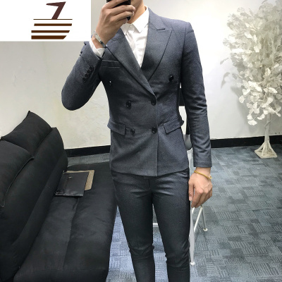NEWLAKE男士新款英伦帅气双排扣西服套装韩版修身青年正装两件套西装潮