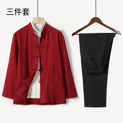 梵克公牛长袖套装男青年中国风2020帅气简约男装汉服唐装休闲纯色棉盘扣立领中山装夹克三件红色M