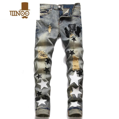 YANXU美式高街复古五角星贴皮补丁牛仔裤男女vibe街头嘻哈修身小脚长裤