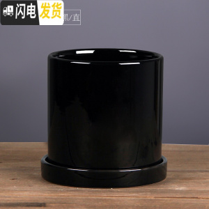 三维工匠ins北欧风格简约圆柱黑白色哑光带托盘陶瓷多 亮光黑·直·陶瓷托盘 特大号&middot;口径18cm高花盆容器