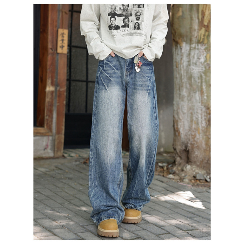 美式复古水洗牛仔裤男直筒宽松阔腿裤高街潮牌做旧休闲长裤子男款