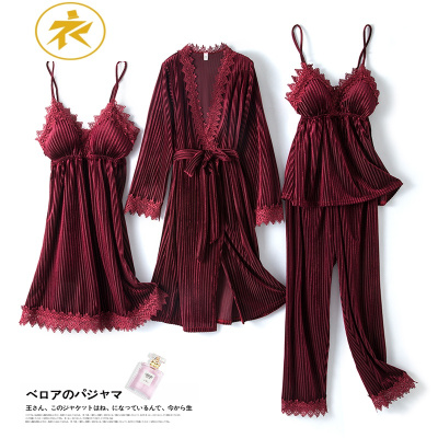 Ideamini金丝绒睡衣女四件套装秋冬季长袖睡袍带胸垫性感睡裙三件套家居服