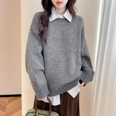 [清仓1折价52.9元,不叠加优惠券]秋唐狮冬女复古简约风圆领宽松套头毛衣净色气质时尚