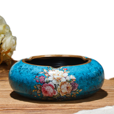 欧式复古陶瓷大号带盖烟灰缸现代简约创意家居客厅装饰茶几摆件-蓝色百花单个