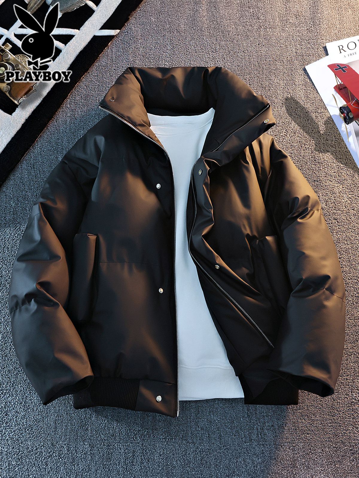 花花公子pu皮棉服男士冬季加厚保暖羽绒棉衣潮牌立领面包服外套