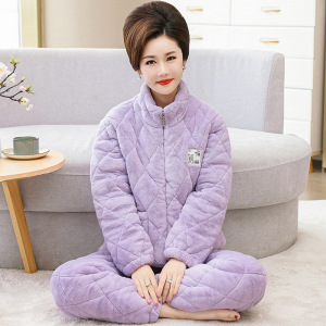 中老年睡衣女秋冬季三层加厚加绒玉狐绒夹棉保暖空气棉家居服套装