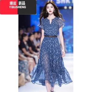 YIBUSHENG茶歇法式看端庄大气温柔风别致绝美显瘦蓝色雪纺连衣裙子女