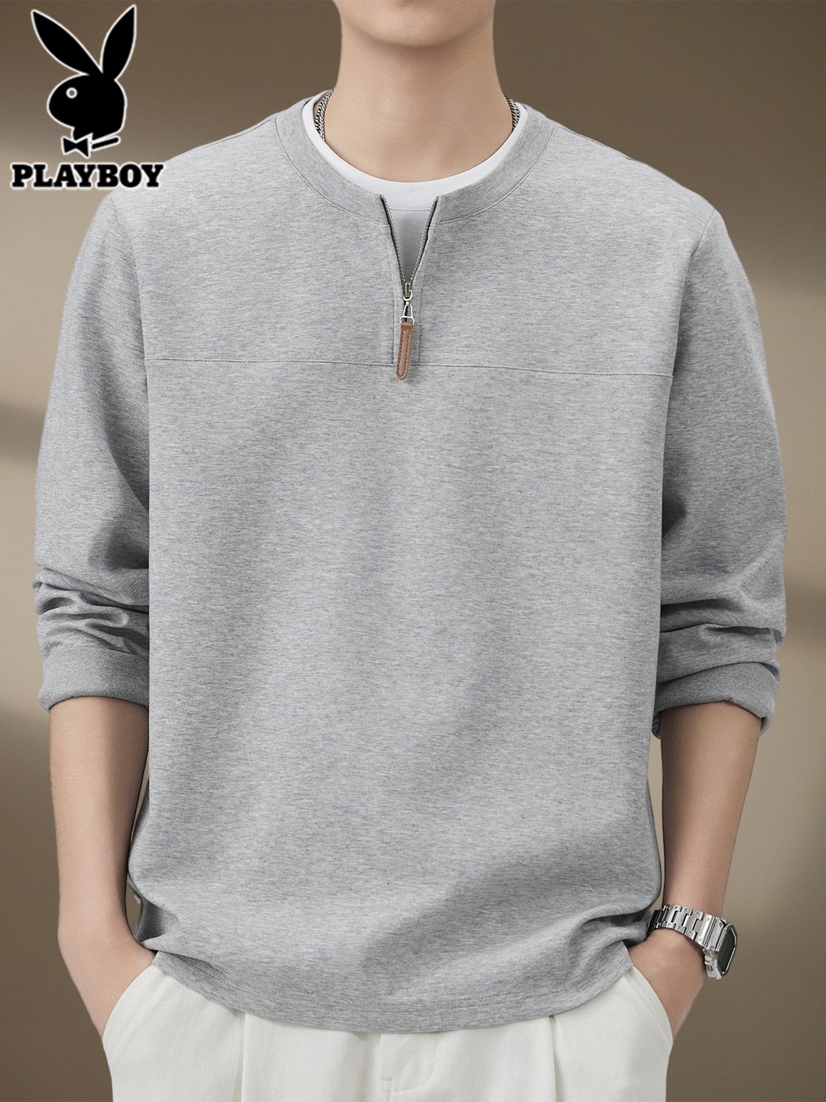 花花公子假两件长袖t恤男士卫衣2025年秋季休闲半拉炼衣服秋装男