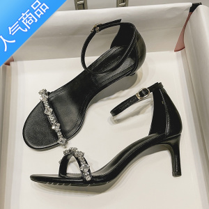 SUNTEK小众黑色一字带法式新款高跟凉鞋女夏季细跟气质裸色10cm时尚百搭