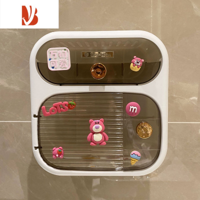 三维工匠卫生间纸巾盒免打孔置物架卡通厕所防水壁挂式浴室卷纸抽纸厕纸盒 象牙白壁挂纸巾盒草莓熊系列 轻奢双层升级款