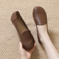 头层牛皮圆头中口低跟纯色乐福鞋英伦风套脚真皮单鞋