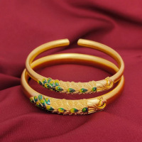 新款古法烧蓝仿沙金开口孔雀手镯女铜镀金仿黄金实心镯子婚庆首饰送女朋友老婆情人节七夕生日礼物