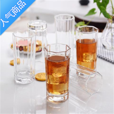 YICHENG家用耐热6只水杯杯子套装玻璃杯牛奶杯泡茶杯啤酒杯果汁杯加杯架6只高八角杯