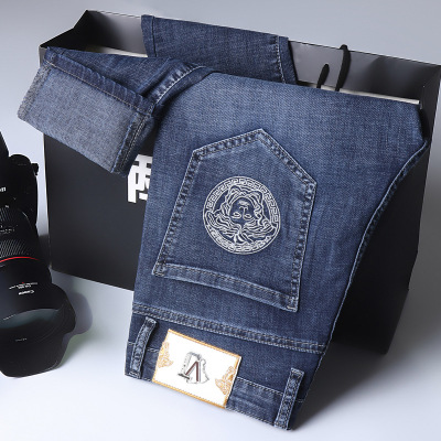 春夏薄款美杜莎牛仔裤男潮牌刺绣花韩版修身弹力男装小脚长裤