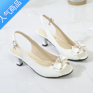 SUNTEK鱼嘴凉鞋女粗跟2023春夏季新款简约中跟蝴蝶结高跟鞋韩版百搭女鞋