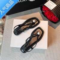 SUNTEK气质夹脚银色凉鞋女夏平底2023年新款夏季女士仙女风一字带罗马鞋