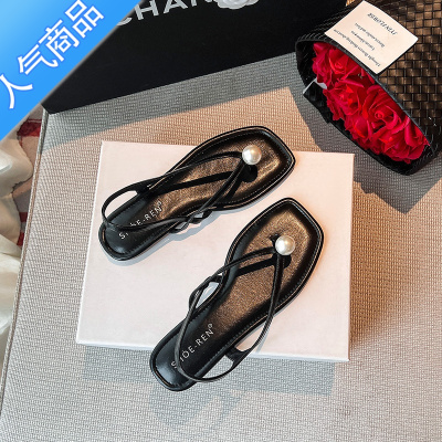 SUNTEK气质夹脚银色凉鞋女夏平底2023年新款夏季女士仙女风一字带罗马鞋