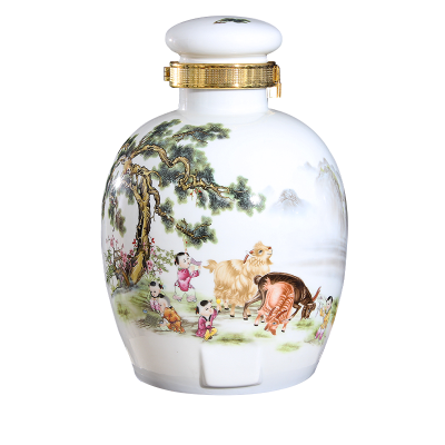 艺锦蓝景德镇陶瓷酒坛10斤无孔可自行配金色不锈钢龙头酒具泡酒坛子酒缸酒瓶密封罐白酒壶泡杨梅酒酒瓶子三羊开泰