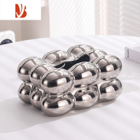 三维工匠纸巾盒客厅轻奢陶瓷抽纸盒茶几摆件家用创意纸抽盒奶油高级感 小号纸巾盒+兔子(银色)