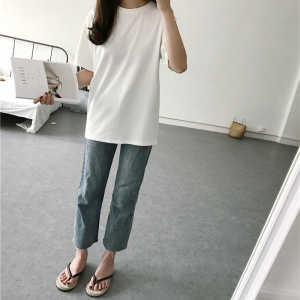 夏季大码韩版新款短袖T恤女装纯色宽松V领圆领上衣服女装