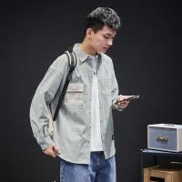 [1.5折价45元]唐狮 衬衫男休闲潮流拼色长袖衬衫衬衣男口袋撞色长袖衬衫