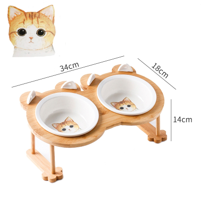 猫碗陶瓷双碗喝水两用猫咪食盆米妮狗猫粮饭碗架饮水高脚斜口_B款-2圆碗木架带叉勺-小橘_优质陶瓷碗天然竹木架