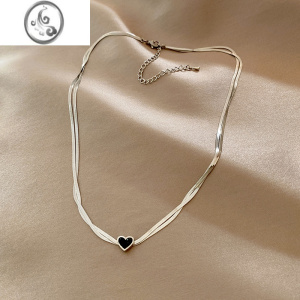 JiMi双层黑色爱心项链女小众设计感精致潮流锁骨链轻奢高级感颈链配饰 银色