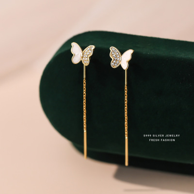 s999足银镶钻蝴蝶耳线女轻奢优雅气质不对称设计高级感耳饰品批发送女朋友老婆情人节七夕生日礼物