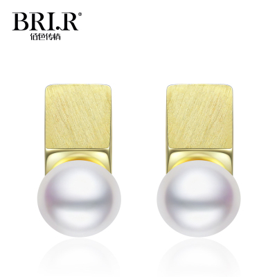 佰色传情（BRIR）925纯银淡水珍珠耳钉女时尚几何925银耳环银饰品白色
