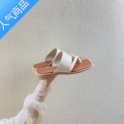 SUNTEK极简百搭~韩系复古一字外穿拖鞋女夏季外穿夹趾ins潮时尚软底凉鞋