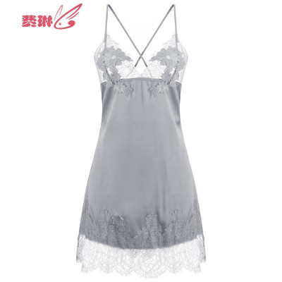 雅小姐性感女秋绣花睡裙缎面蕾丝睡衣深V家居服柔软舒适贴身费琳