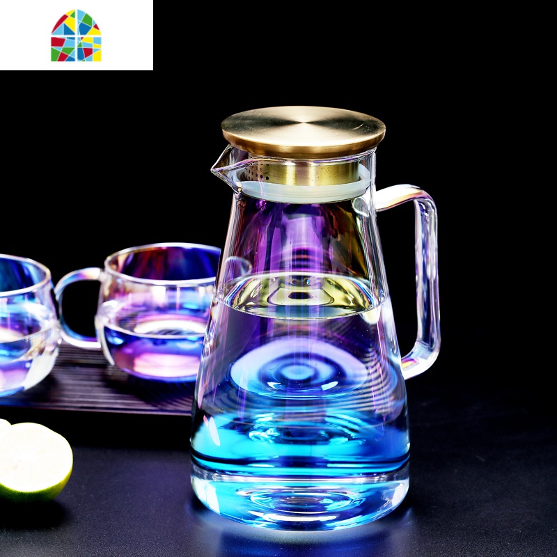 北欧凉水壶玻璃贝彩壶炫彩冷水壶耐热高温创意凉白开水杯套装家用 FENGHOU 4香槟杯350ml