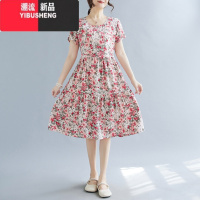 YIBUSHENG小碎花棉绸连衣裙女中长款拼接抽绳遮肉显瘦休闲季外穿薄款妈妈