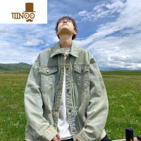 YANXU水洗做旧牛仔外套男秋季2023年新款高街潮牌痞帅感青少年夹克