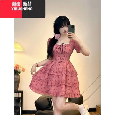 YIBUSHENG大码法式甜美短袖连衣裙女季收腰蛋糕短裙微胖MM荷叶边公主裙子