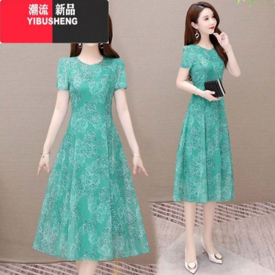 YIBUSHENG兰色碎花连衣裙女2024新款季薄款遮肚显瘦中年减龄气质妈妈裙子