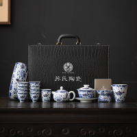 苏氏陶瓷(SUSHI CERAMICS)柴窑青花描金鱼藻纹盖碗茶壶茶具大套装非遗大师苏爱珍作品