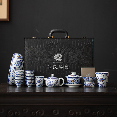 苏氏陶瓷(SUSHI CERAMICS)柴窑青花描金鱼藻纹盖碗茶壶茶具大套装非遗大师苏爱珍作品