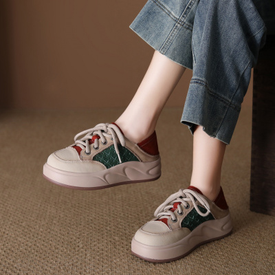 头层牛皮单鞋女2026春季新款复古圆头系带厚底叠穿简约低帮休闲鞋_706