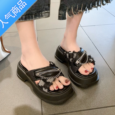 SUNTEK厚底松糕拖鞋女夏外穿ins潮2023年新款炸街防滑百搭沙滩一字拖女