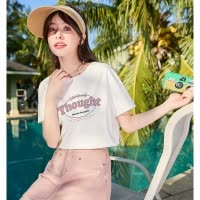 [2.5折价46元]唐狮夏季新款女短袖T恤圆领前胸字母图案甜美简约日常百搭G