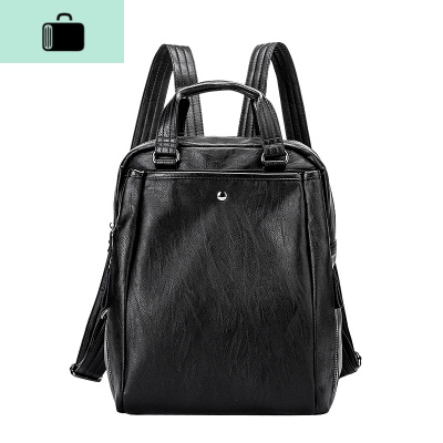 双肩包女2020新款韩版时尚百搭皮电脑包牛皮大容量女式软皮背包NEW LAKE 黑色