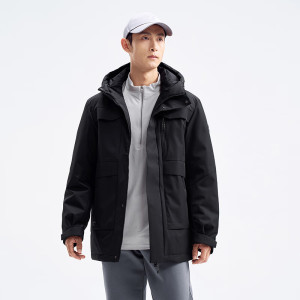 特步(Xtep)男装新款鹅绒加厚保暖连帽中长羽绒服外套976429640184 正黑色 ZP